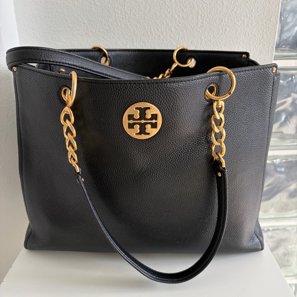 Tory Burch Everly Pebble Leather Black Tote with Gold Chain Details